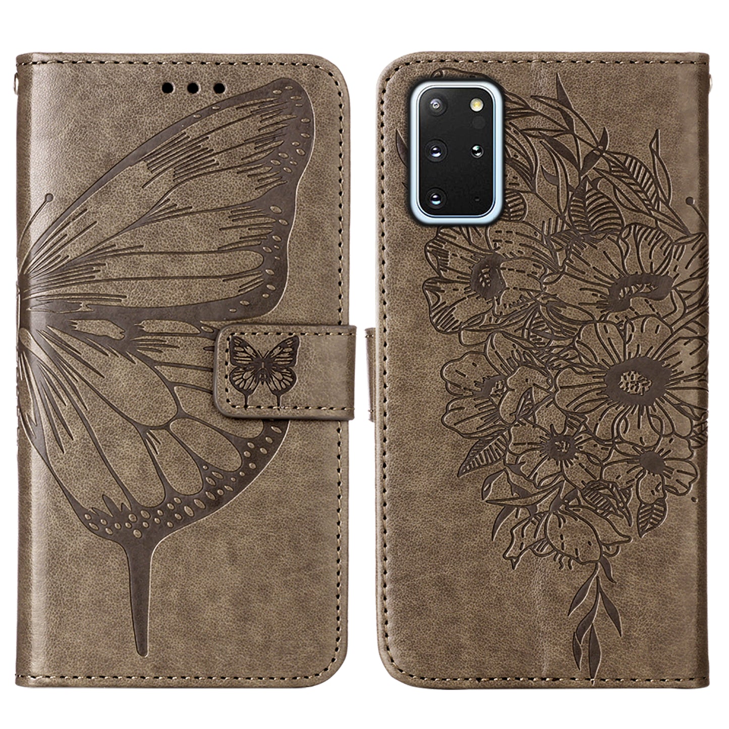 Imprint Butterfly and Flowers Wallet Leather Cell Phone Stand Shell for Samsung Galaxy S20 Plus / S20 Plus 5G - Grey
