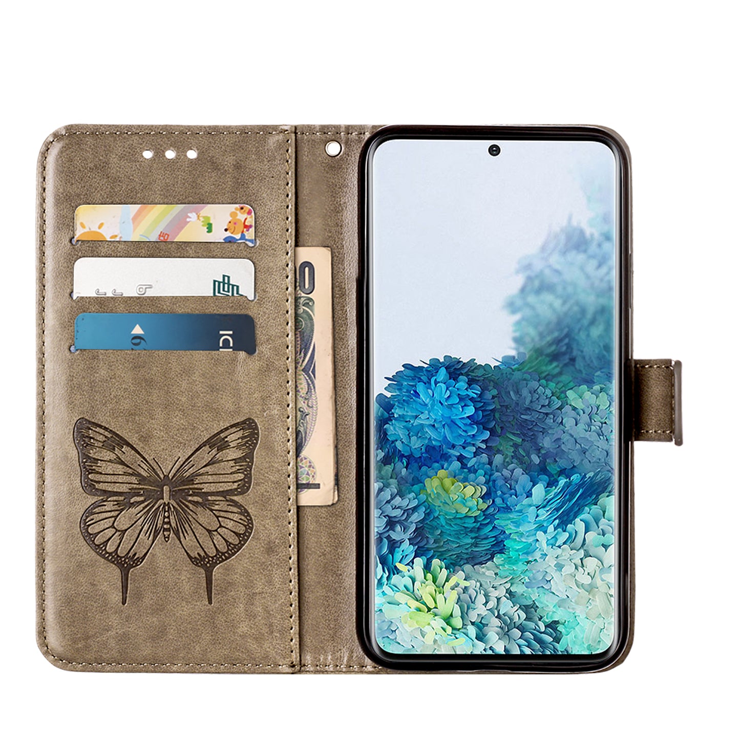Imprint Butterfly and Flowers Wallet Leather Cell Phone Stand Shell for Samsung Galaxy S20 Plus / S20 Plus 5G - Grey