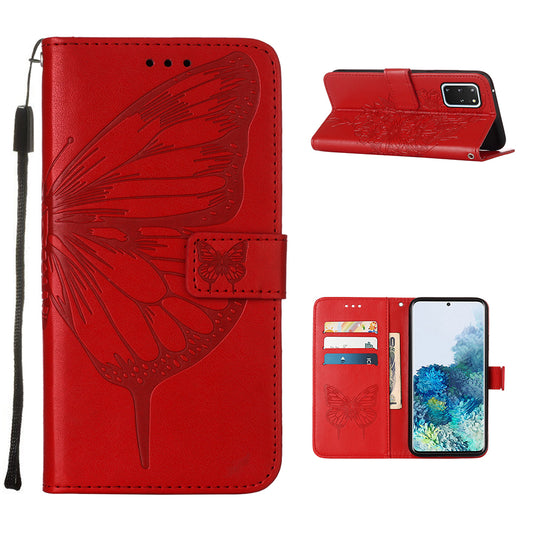 Imprint Butterfly and Flowers Wallet Leather Cell Phone Stand Shell for Samsung Galaxy S20 Plus / S20 Plus 5G - Red