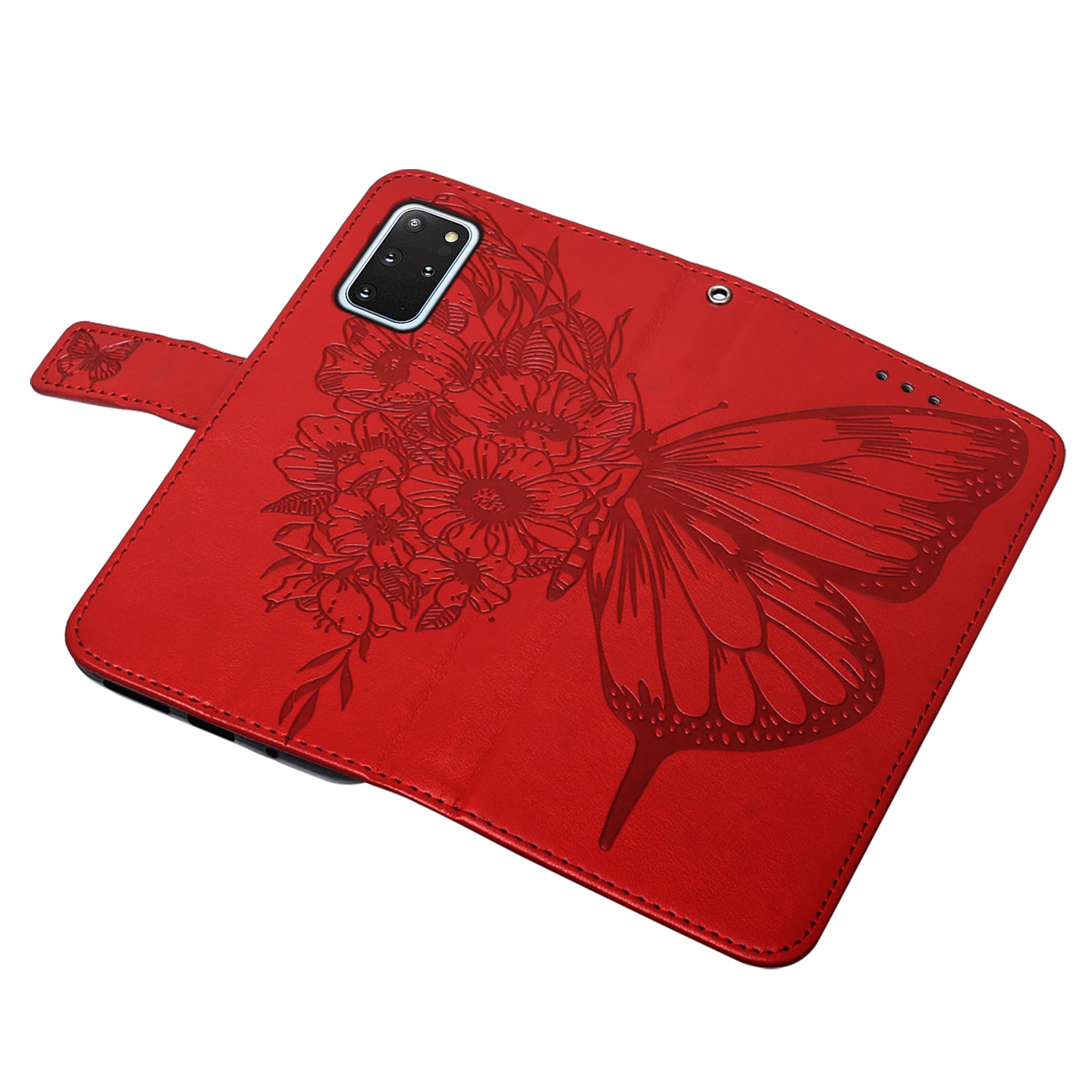 Imprint Butterfly and Flowers Wallet Leather Cell Phone Stand Shell for Samsung Galaxy S20 Plus / S20 Plus 5G - Red