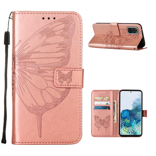 Imprint Butterfly and Flowers Wallet Leather Cell Phone Stand Shell for Samsung Galaxy S20 Plus / S20 Plus 5G - Rose Gold