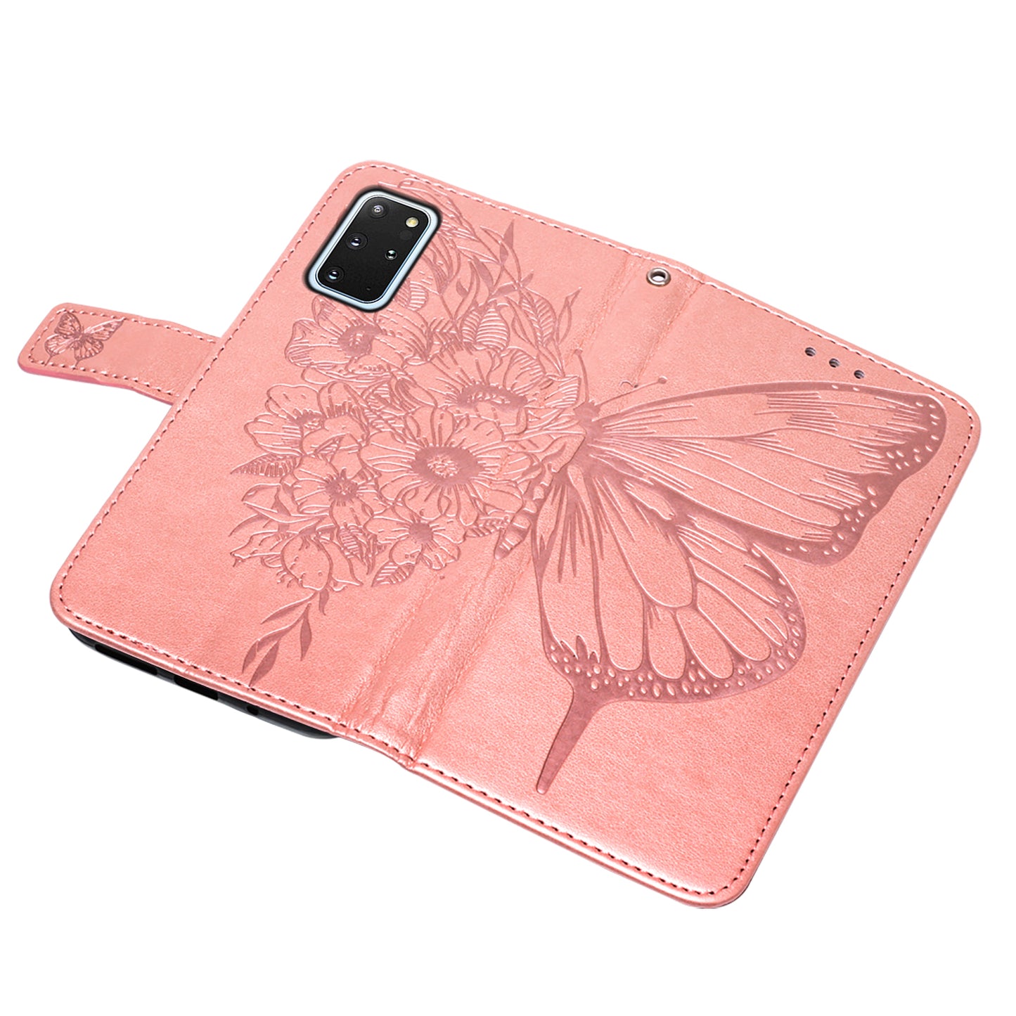 Imprint Butterfly and Flowers Wallet Leather Cell Phone Stand Shell for Samsung Galaxy S20 Plus / S20 Plus 5G - Rose Gold