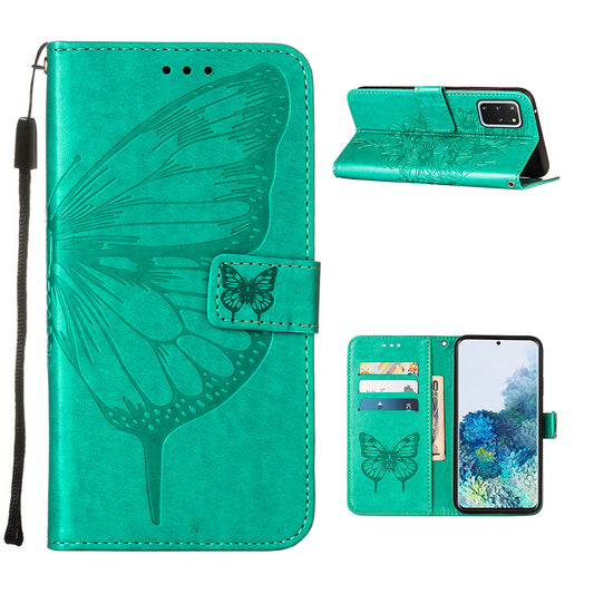 Imprint Butterfly and Flowers Wallet Leather Cell Phone Stand Shell for Samsung Galaxy S20 Plus / S20 Plus 5G - Cyan