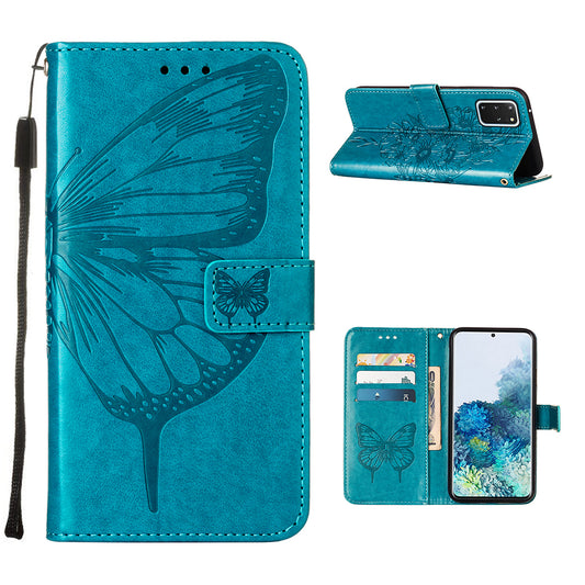 Imprint Butterfly and Flowers Wallet Leather Cell Phone Stand Shell for Samsung Galaxy S20 Plus / S20 Plus 5G - Blue