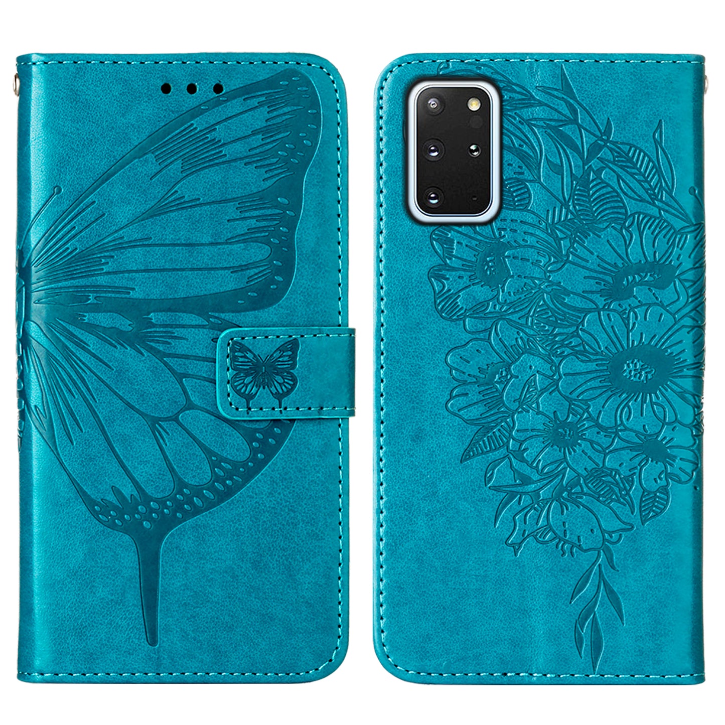 Imprint Butterfly and Flowers Wallet Leather Cell Phone Stand Shell for Samsung Galaxy S20 Plus / S20 Plus 5G - Blue