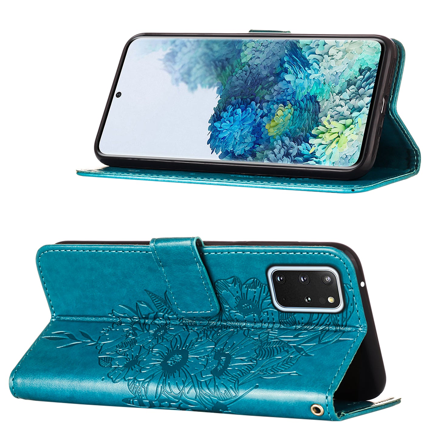 Imprint Butterfly and Flowers Wallet Leather Cell Phone Stand Shell for Samsung Galaxy S20 Plus / S20 Plus 5G - Blue