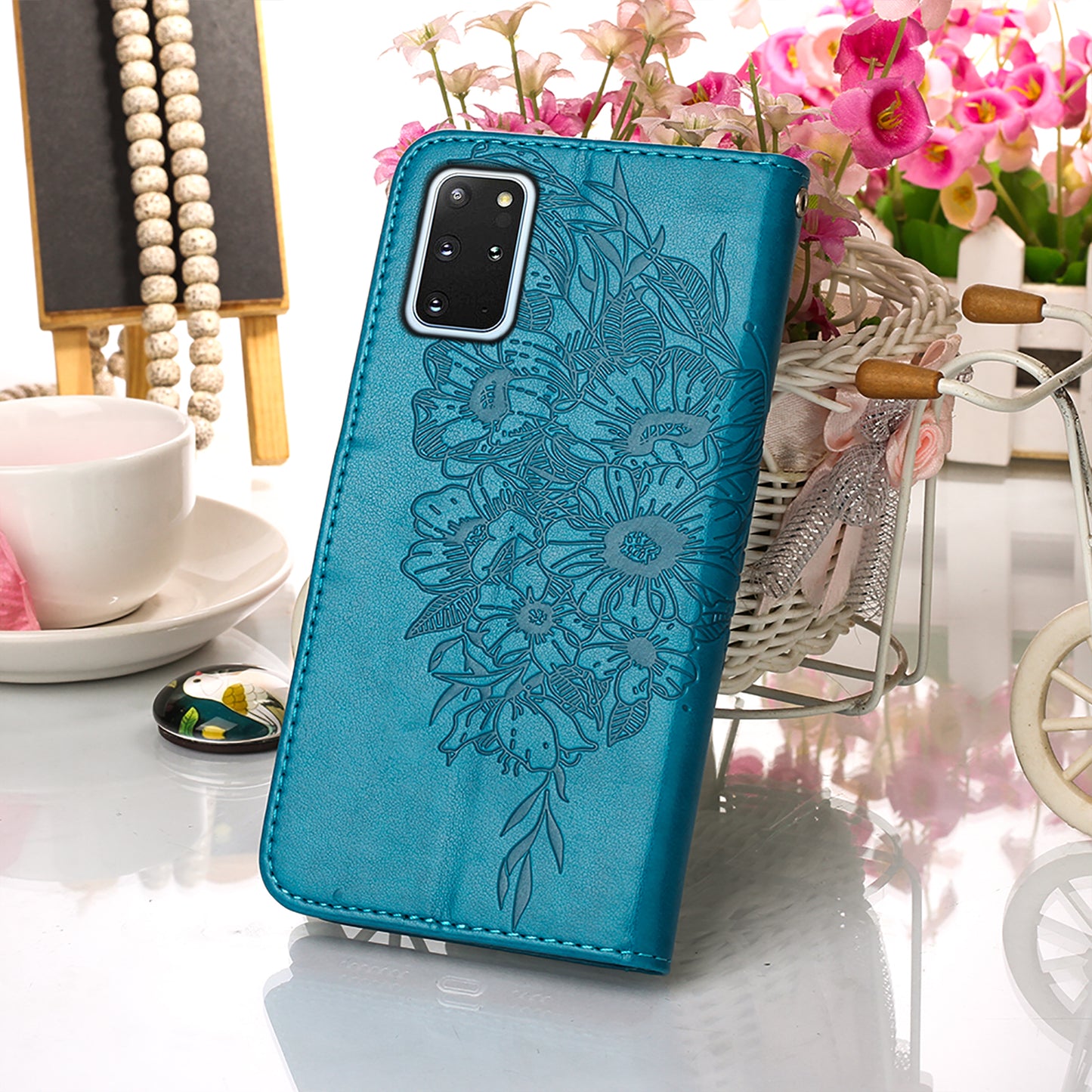 Imprint Butterfly and Flowers Wallet Leather Cell Phone Stand Shell for Samsung Galaxy S20 Plus / S20 Plus 5G - Blue