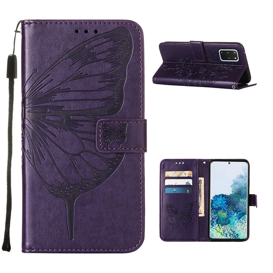 Imprint Butterfly and Flowers Wallet Leather Cell Phone Stand Shell for Samsung Galaxy S20 Plus / S20 Plus 5G - Dark Purple