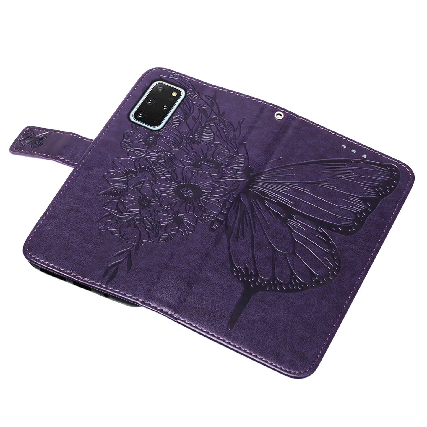Imprint Butterfly and Flowers Wallet Leather Cell Phone Stand Shell for Samsung Galaxy S20 Plus / S20 Plus 5G - Dark Purple