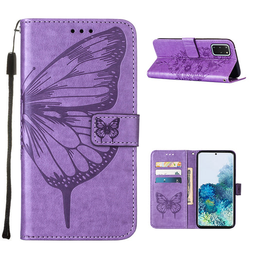Imprint Butterfly and Flowers Wallet Leather Cell Phone Stand Shell for Samsung Galaxy S20 Plus / S20 Plus 5G - Light Purple