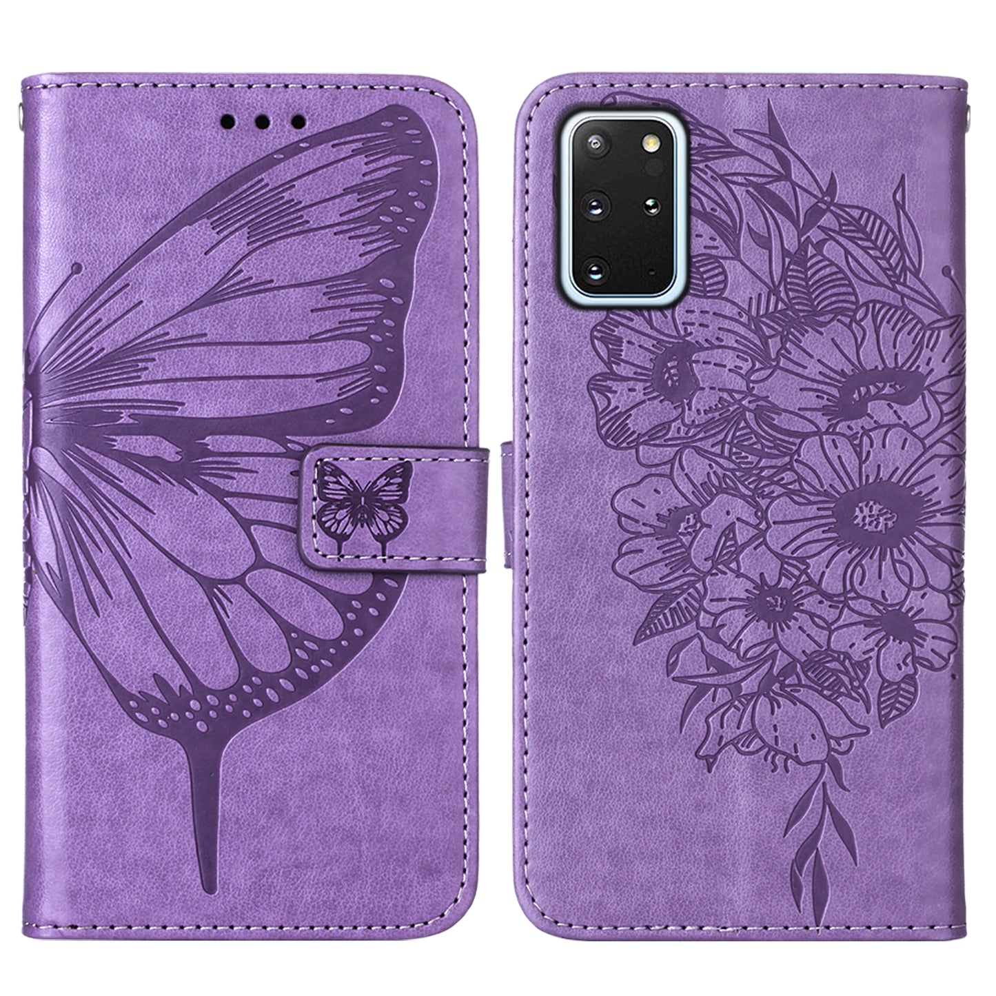 Imprint Butterfly and Flowers Wallet Leather Cell Phone Stand Shell for Samsung Galaxy S20 Plus / S20 Plus 5G - Light Purple