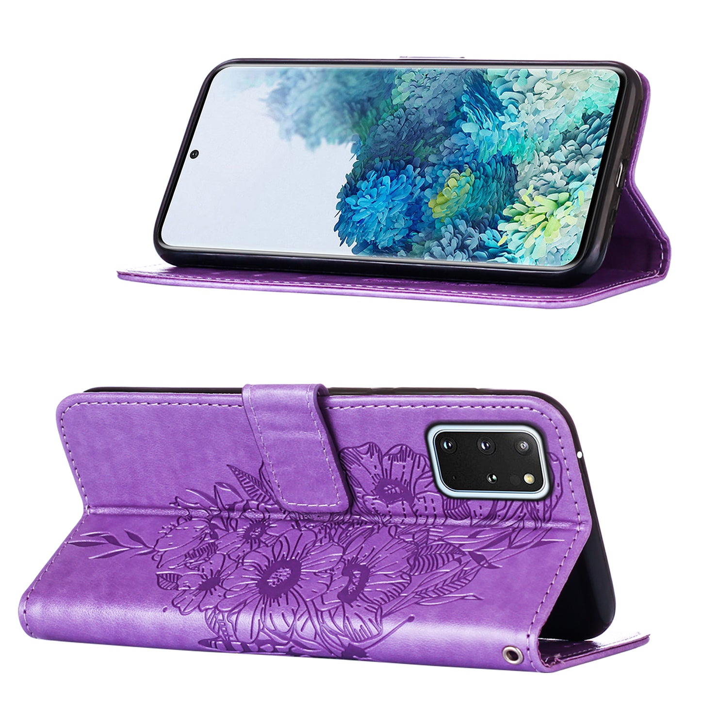 Imprint Butterfly and Flowers Wallet Leather Cell Phone Stand Shell for Samsung Galaxy S20 Plus / S20 Plus 5G - Light Purple