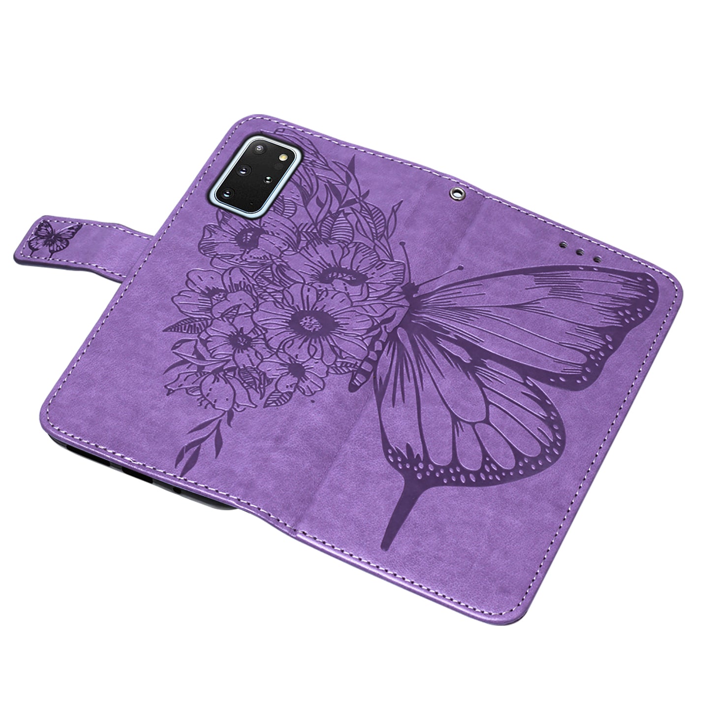 Imprint Butterfly and Flowers Wallet Leather Cell Phone Stand Shell for Samsung Galaxy S20 Plus / S20 Plus 5G - Light Purple