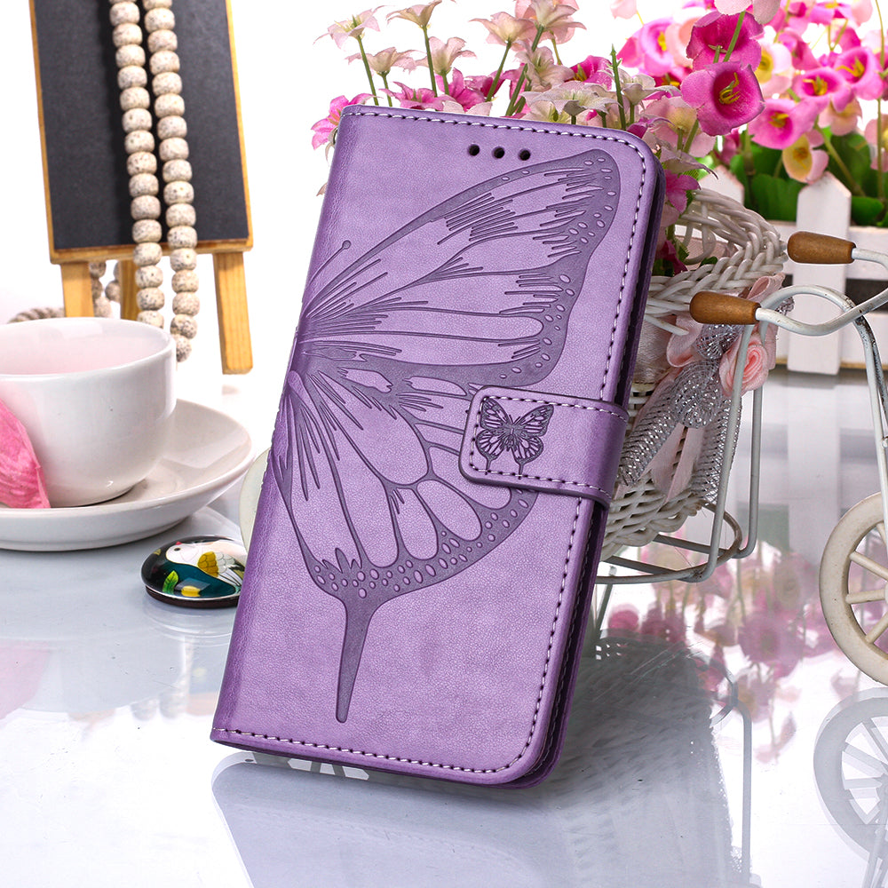 Imprint Butterfly and Flowers Wallet Leather Cell Phone Stand Shell for Samsung Galaxy S20 Plus / S20 Plus 5G - Light Purple
