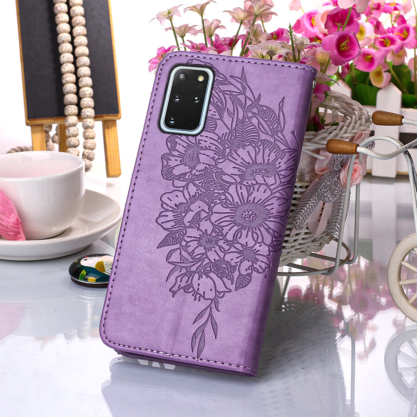 Imprint Butterfly and Flowers Wallet Leather Cell Phone Stand Shell for Samsung Galaxy S20 Plus / S20 Plus 5G - Light Purple