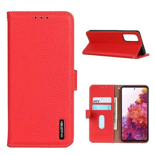 Litchi Grain Top Layer Genuine Leather Wallet Phone Case for Samsung Galaxy S20 FE/Fan Edition/S20 FE 5G/Fan Edition 5G/S20 Lite/S20 FE 2022 - Red