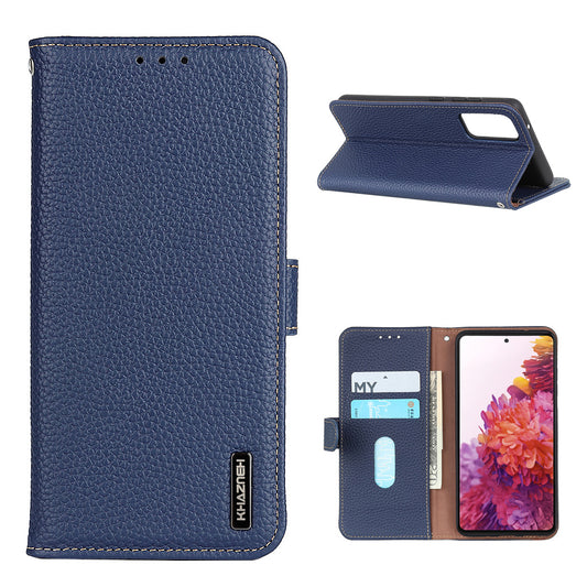 Litchi Grain Top Layer Genuine Leather Wallet Phone Case for Samsung Galaxy S20 FE/Fan Edition/S20 FE 5G/Fan Edition 5G/S20 Lite/S20 FE 2022 - Blue
