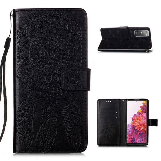 For Samsung Galaxy S20 FE/S20 Fan Edition/S20 FE 5G/S20 Fan Edition 5G/S20 Lite/S20 FE 2022 Dreamcatcher Imprinting Leather Wallet Cell Phone Cover Shell - Black