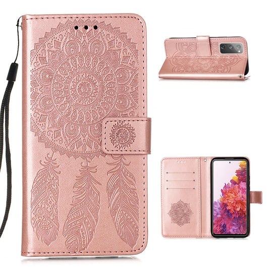 For Samsung Galaxy S20 FE/S20 Fan Edition/S20 FE 5G/S20 Fan Edition 5G/S20 Lite/S20 FE 2022 Dreamcatcher Imprinting Leather Wallet Cell Phone Cover Shell - Rose Gold