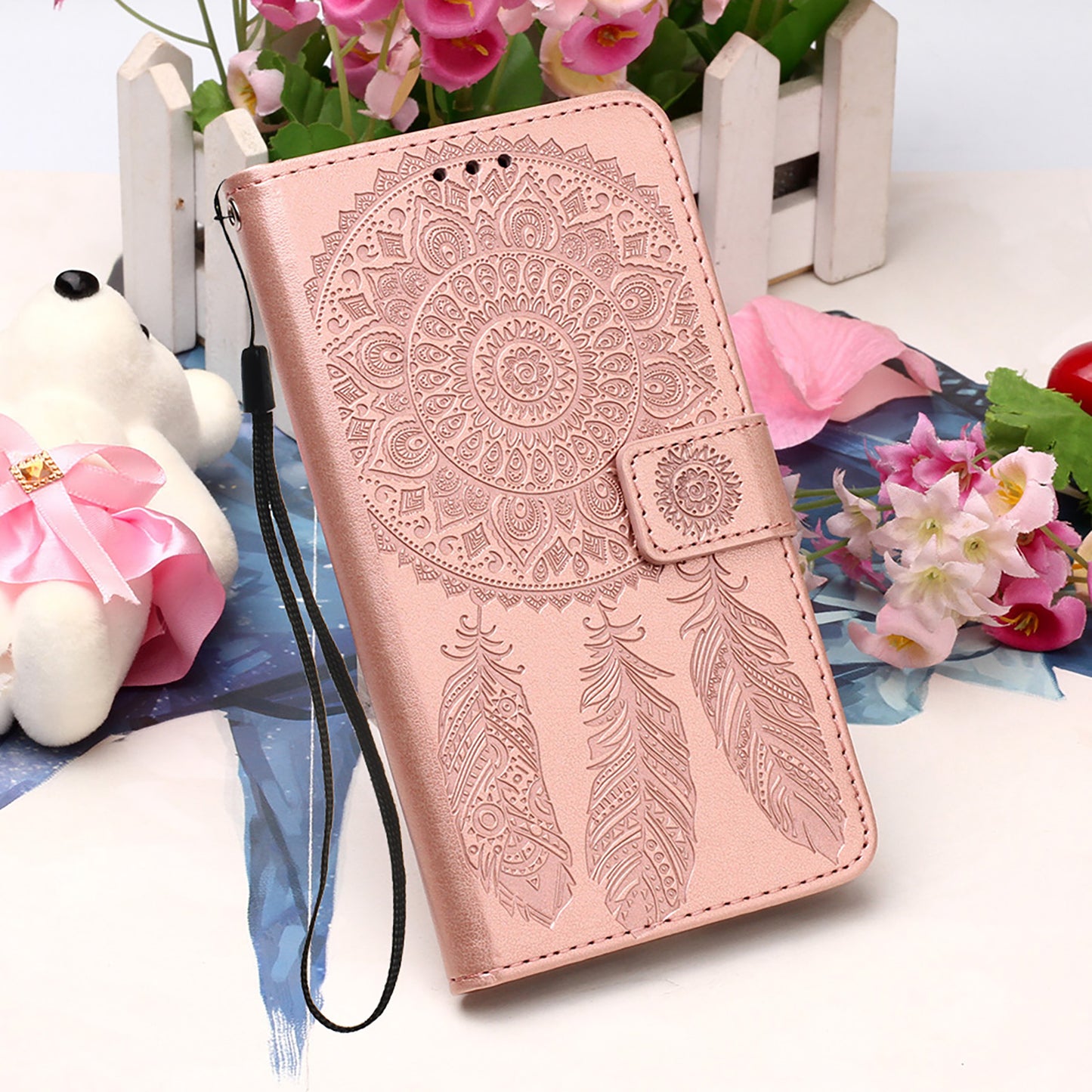 For Samsung Galaxy S20 FE/S20 Fan Edition/S20 FE 5G/S20 Fan Edition 5G/S20 Lite/S20 FE 2022 Dreamcatcher Imprinting Leather Wallet Cell Phone Cover Shell - Rose Gold