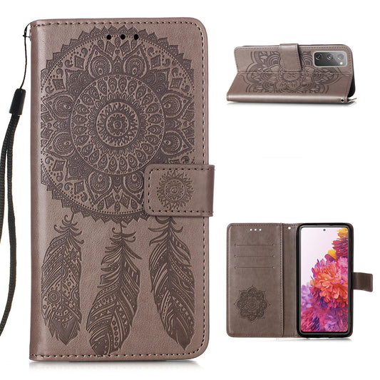 For Samsung Galaxy S20 FE/S20 Fan Edition/S20 FE 5G/S20 Fan Edition 5G/S20 Lite/S20 FE 2022 Dreamcatcher Imprinting Leather Wallet Cell Phone Cover Shell - Coffee