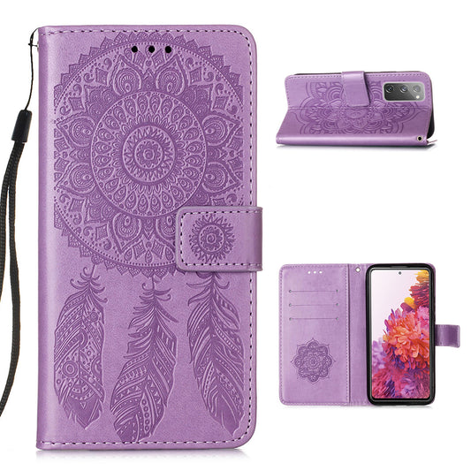 For Samsung Galaxy S20 FE/S20 Fan Edition/S20 FE 5G/S20 Fan Edition 5G/S20 Lite/S20 FE 2022 Dreamcatcher Imprinting Leather Wallet Cell Phone Cover Shell - Light Purple