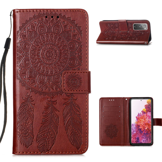 For Samsung Galaxy S20 FE/S20 Fan Edition/S20 FE 5G/S20 Fan Edition 5G/S20 Lite/S20 FE 2022 Dreamcatcher Imprinting Leather Wallet Cell Phone Cover Shell - Brown