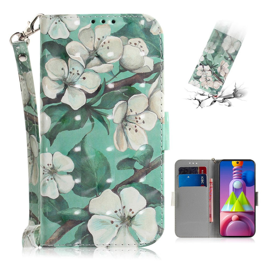 Light Spot Decor Pattern Printing Wallet Stand Leather Phone Case with Strap for Samsung Galaxy M51 - White Flowers