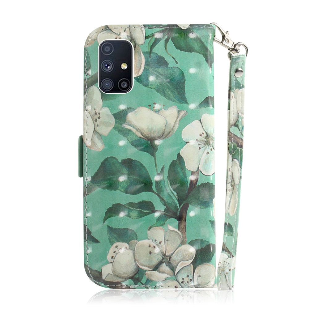 Light Spot Decor Pattern Printing Wallet Stand Leather Phone Case with Strap for Samsung Galaxy M51 - White Flowers