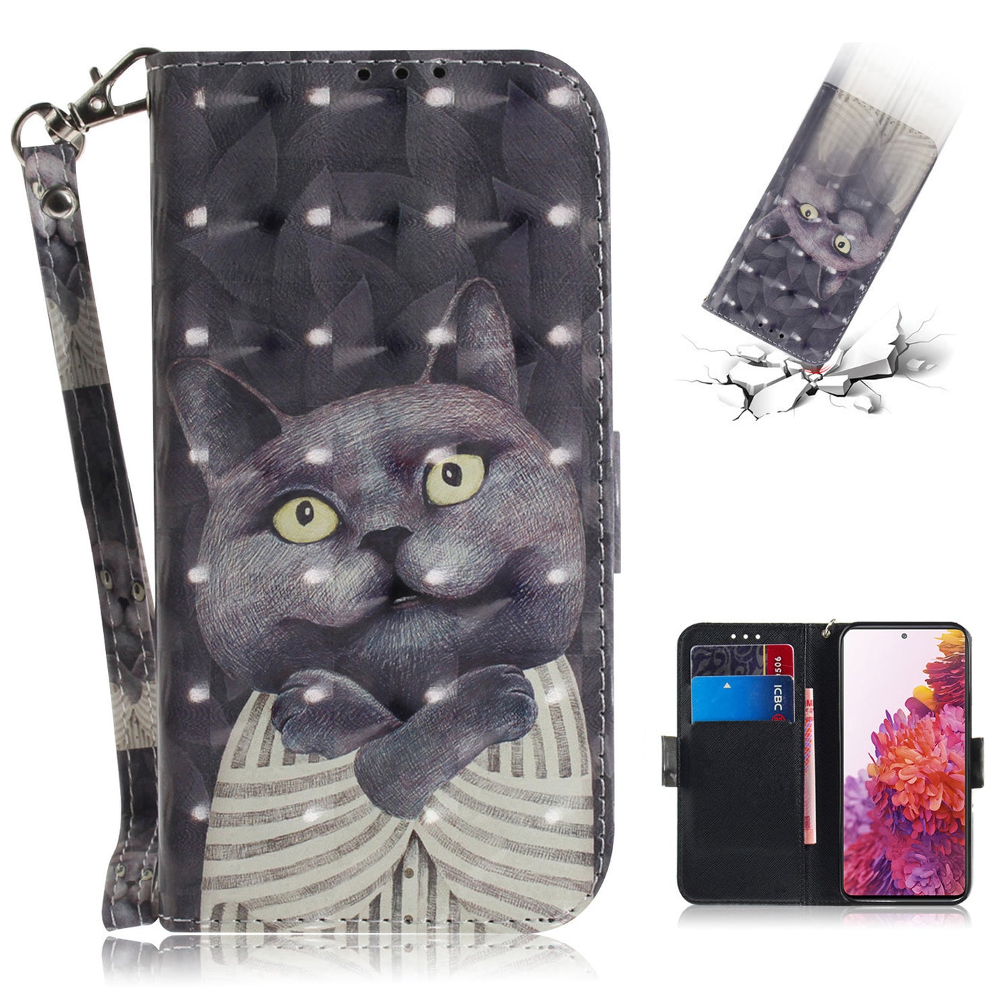 For Samsung Galaxy S20 FE/S20 Fan Edition/S20 FE 5G/S20 Fan Edition 5G/S20 Lite/S20 FE 2022 Light Spot Decor Pattern Printing Wallet Stand Leather Phone Case with Strap - Black Cat