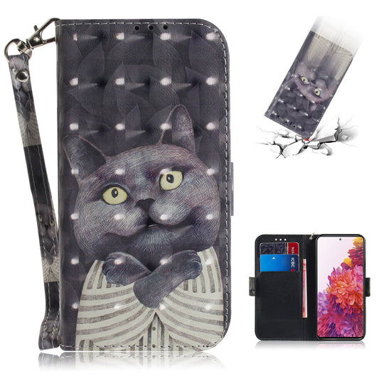 For Samsung Galaxy S20 FE/S20 Fan Edition/S20 FE 5G/S20 Fan Edition 5G/S20 Lite/S20 FE 2022 Light Spot Decor Pattern Printing Wallet Stand Leather Phone Case with Strap - Black Cat