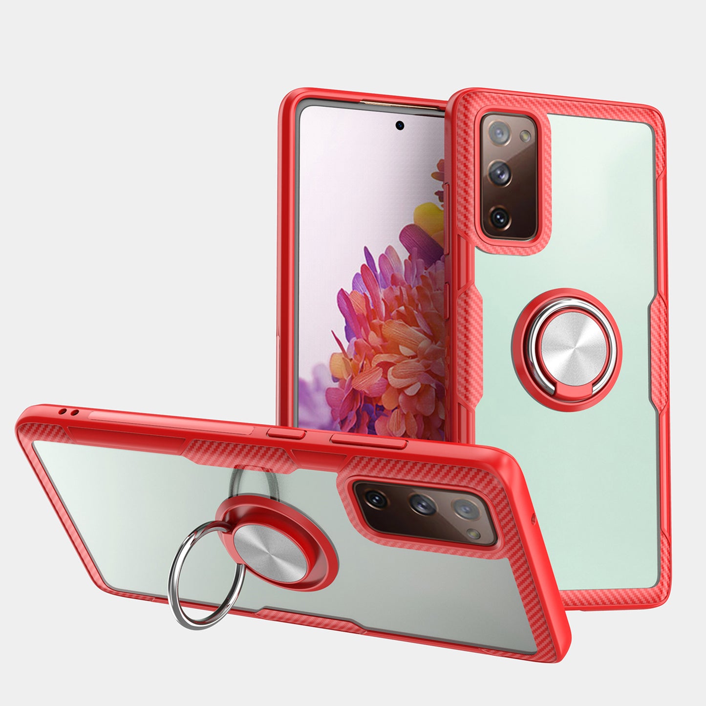 For Samsung Galaxy S20 FE 5G/Fan Edition 5G/S20 FE/Fan Edition/S20 Lite/S20 FE 2022 Finger Ring Kickstand TPU + PC + Metal Combo Shell [Built-in Magnetic Metal Sheet] - Silver/Red