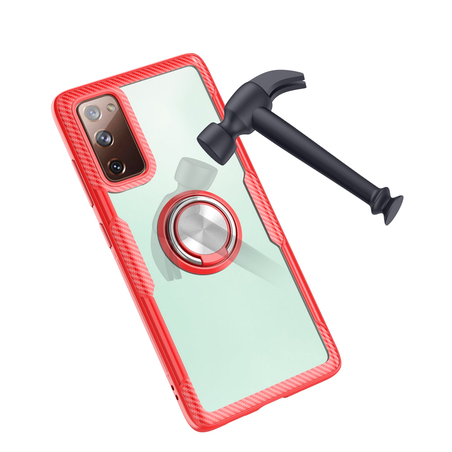 For Samsung Galaxy S20 FE 5G/Fan Edition 5G/S20 FE/Fan Edition/S20 Lite/S20 FE 2022 Finger Ring Kickstand TPU + PC + Metal Combo Shell [Built-in Magnetic Metal Sheet] - Silver/Red