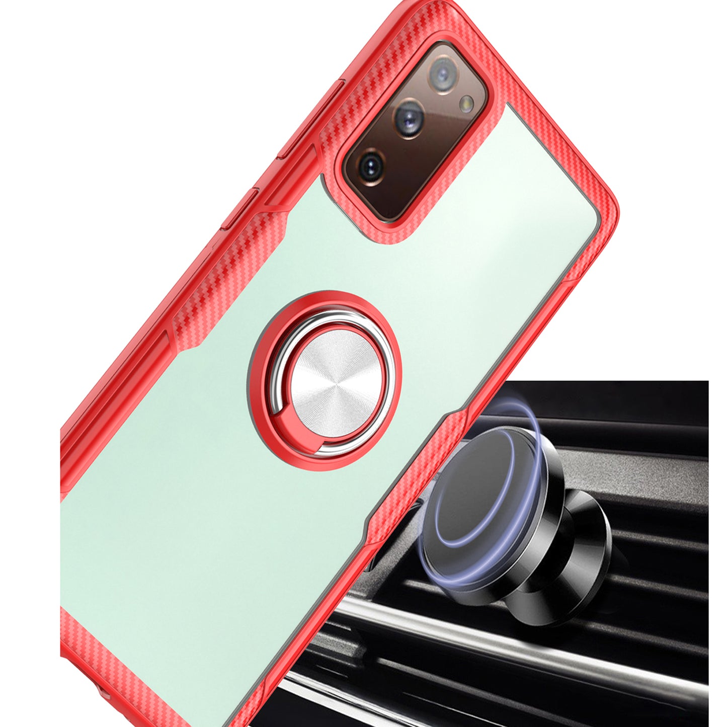 For Samsung Galaxy S20 FE 5G/Fan Edition 5G/S20 FE/Fan Edition/S20 Lite/S20 FE 2022 Finger Ring Kickstand TPU + PC + Metal Combo Shell [Built-in Magnetic Metal Sheet] - Silver/Red