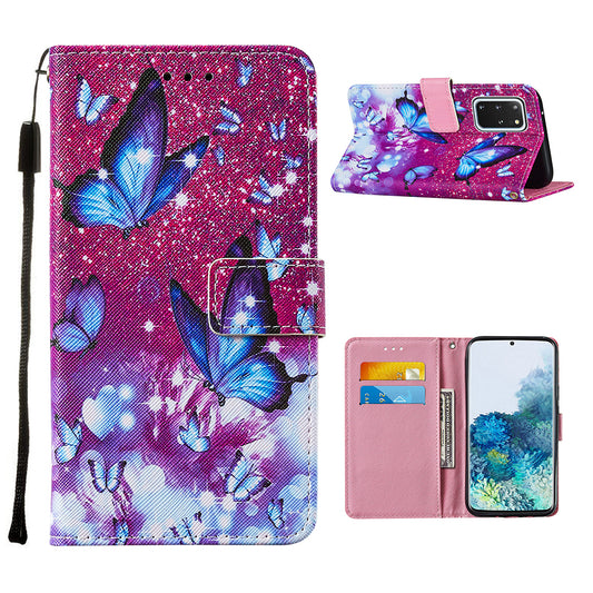 Leather Wallet Stand Phone Protective Case Pattern Printing for Samsung Galaxy S20 Plus/S20 Plus 5G - Blue Butterfly
