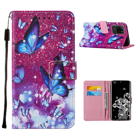 Pattern Printing Leather Phone Wallet Stand Protective Case for Samsung Galaxy S20 Ultra - Blue Butterfly