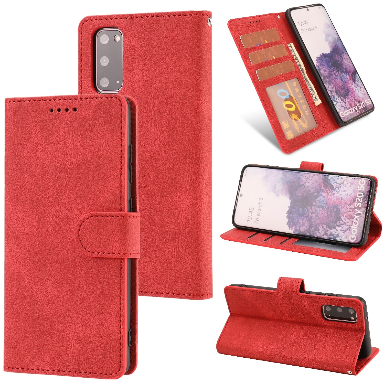 TPU + PU Leather Phone Protective Shell with Wallet and Stand for Samsung Galaxy S20 4G/S20 5G - Red