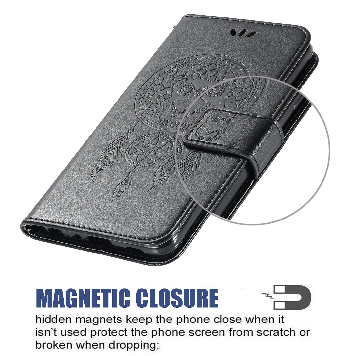 For Samsung Galaxy S20 FE/S20 Fan Edition/S20 FE 5G/S20 Fan Edition 5G/S20 Lite/S20 FE 2022 Imprinted Dream Catcher Owl Leather Wallet Case - Black