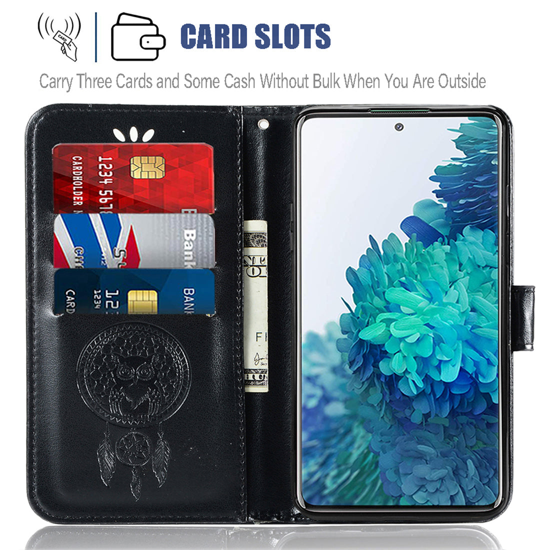 For Samsung Galaxy S20 FE/S20 Fan Edition/S20 FE 5G/S20 Fan Edition 5G/S20 Lite/S20 FE 2022 Imprinted Dream Catcher Owl Leather Wallet Case - Black