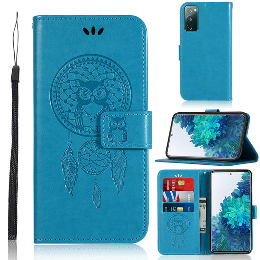 For Samsung Galaxy S20 FE/S20 Fan Edition/S20 FE 5G/S20 Fan Edition 5G/S20 Lite/S20 FE 2022 Imprinted Dream Catcher Owl Leather Wallet Case - Blue
