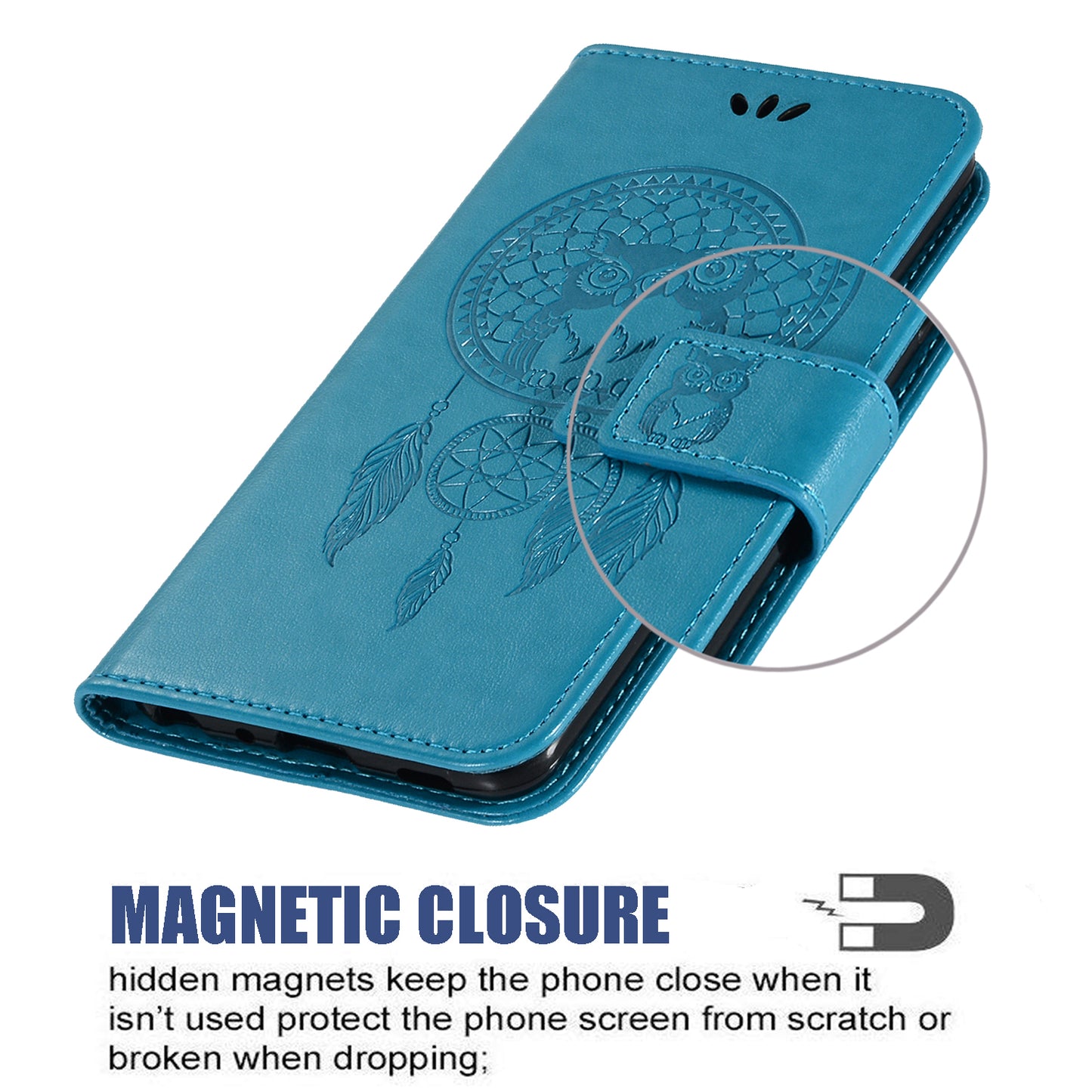 For Samsung Galaxy S20 FE/S20 Fan Edition/S20 FE 5G/S20 Fan Edition 5G/S20 Lite/S20 FE 2022 Imprinted Dream Catcher Owl Leather Wallet Case - Blue