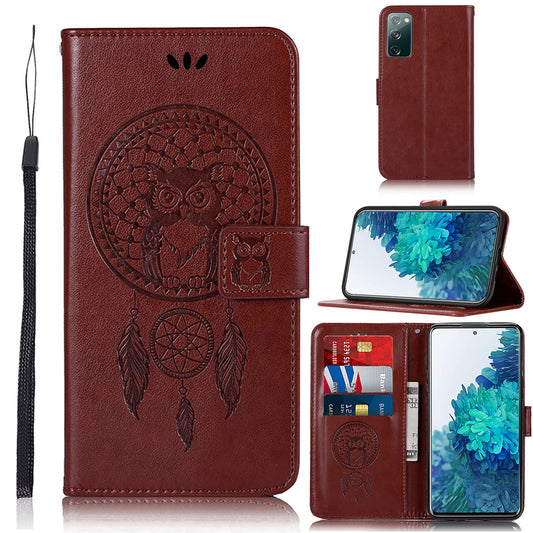 For Samsung Galaxy S20 FE/S20 Fan Edition/S20 FE 5G/S20 Fan Edition 5G/S20 Lite/S20 FE 2022 Imprinted Dream Catcher Owl Leather Wallet Case - Brown