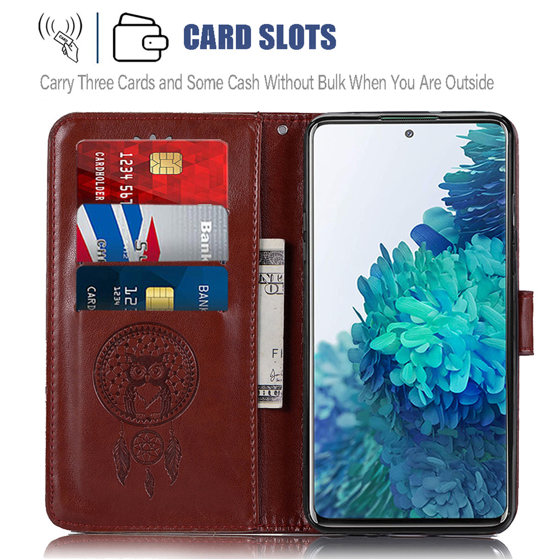 For Samsung Galaxy S20 FE/S20 Fan Edition/S20 FE 5G/S20 Fan Edition 5G/S20 Lite/S20 FE 2022 Imprinted Dream Catcher Owl Leather Wallet Case - Brown