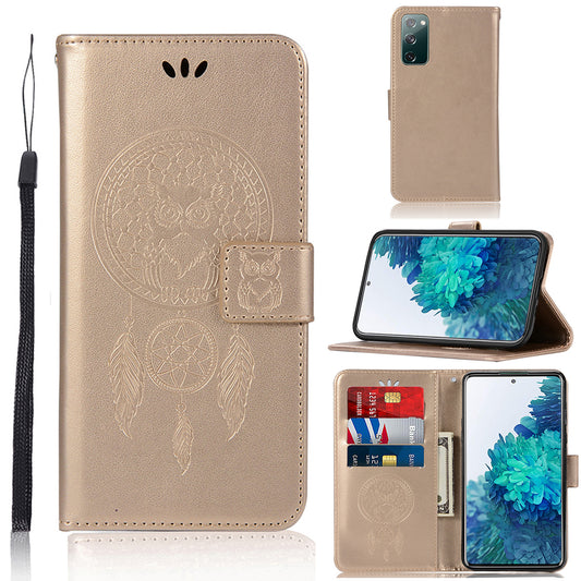 For Samsung Galaxy S20 FE/S20 Fan Edition/S20 FE 5G/S20 Fan Edition 5G/S20 Lite/S20 FE 2022 Imprinted Dream Catcher Owl Leather Wallet Case - Gold