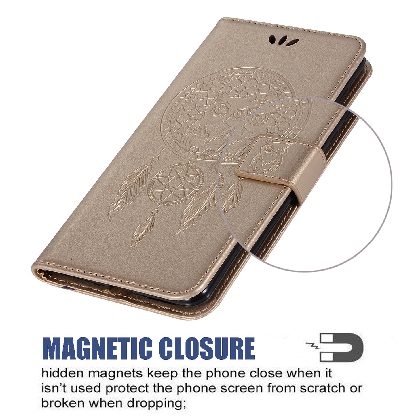 For Samsung Galaxy S20 FE/S20 Fan Edition/S20 FE 5G/S20 Fan Edition 5G/S20 Lite/S20 FE 2022 Imprinted Dream Catcher Owl Leather Wallet Case - Gold