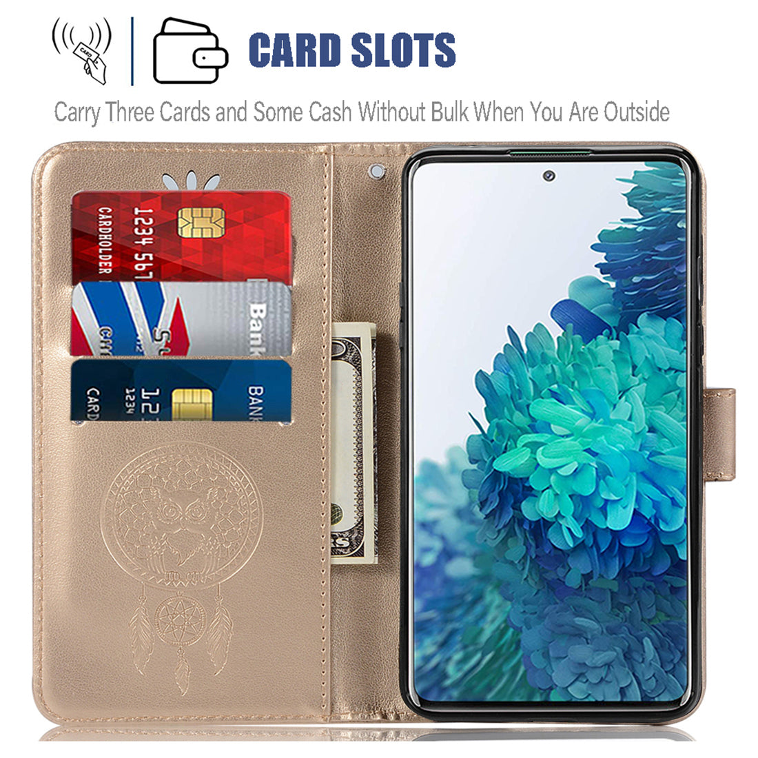For Samsung Galaxy S20 FE/S20 Fan Edition/S20 FE 5G/S20 Fan Edition 5G/S20 Lite/S20 FE 2022 Imprinted Dream Catcher Owl Leather Wallet Case - Gold