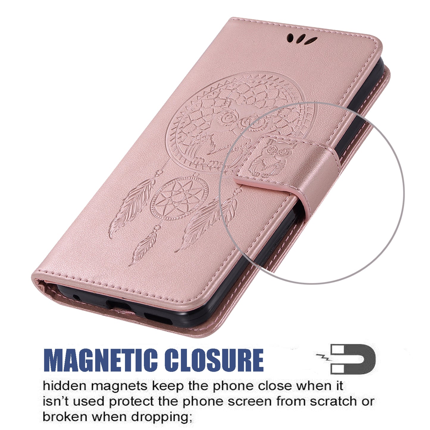 For Samsung Galaxy S20 FE/S20 Fan Edition/S20 FE 5G/S20 Fan Edition 5G/S20 Lite/S20 FE 2022 Imprinted Dream Catcher Owl Leather Wallet Case - Rose Gold