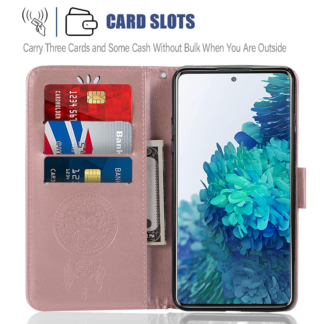 For Samsung Galaxy S20 FE/S20 Fan Edition/S20 FE 5G/S20 Fan Edition 5G/S20 Lite/S20 FE 2022 Imprinted Dream Catcher Owl Leather Wallet Case - Rose Gold