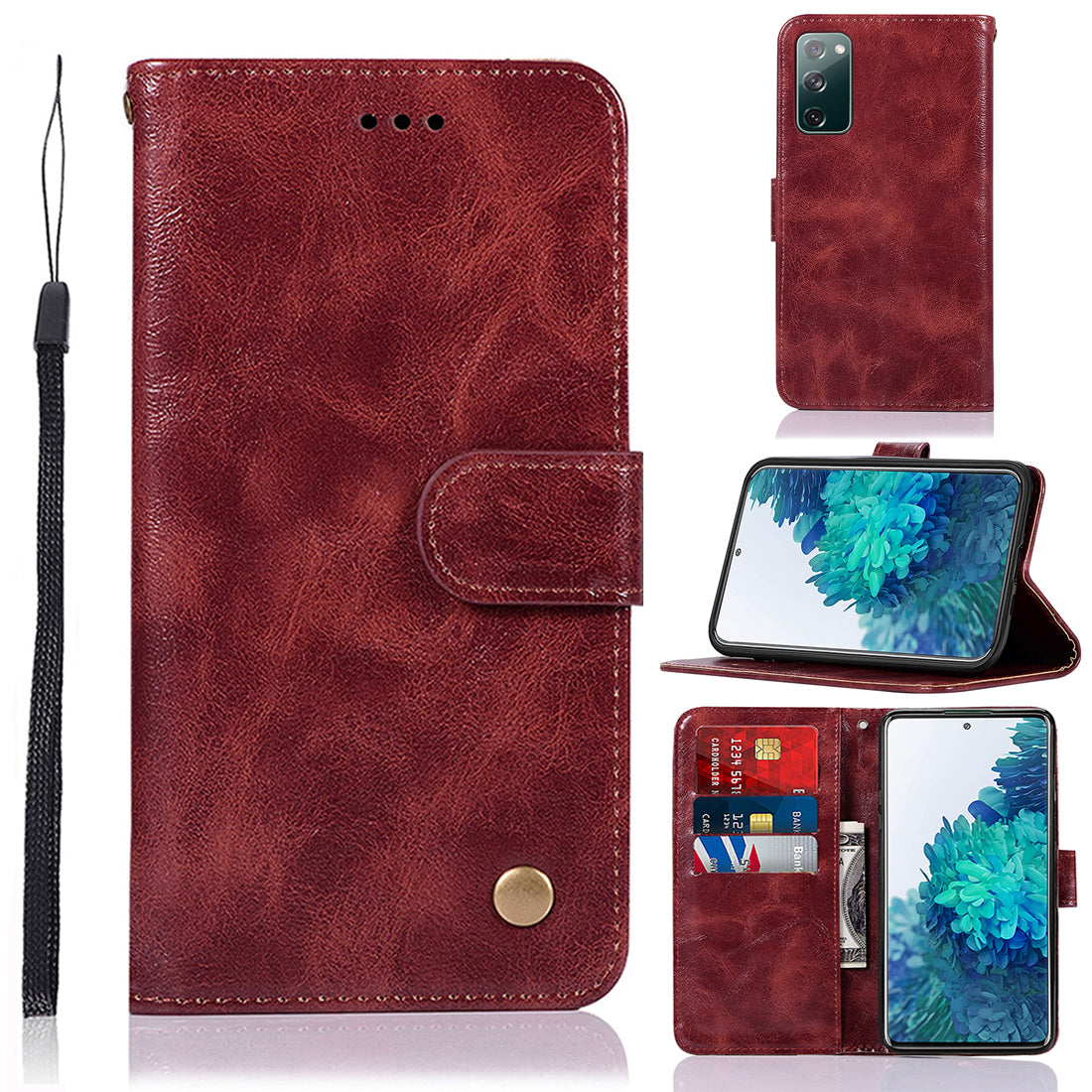 For Samsung Galaxy S20 FE/S20 Fan Edition/S20 FE 5G/S20 Fan Edition 5G/S20 Lite/S20 FE 2022 Wallet Stand Leather Vintage Style Cell Phone Cover Case - Wine Red