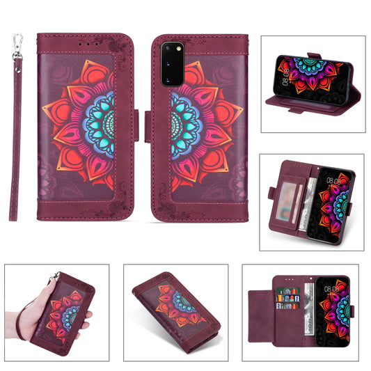 For Samsung Galaxy S20 FE/S20 Fan Edition/S20 FE 5G/S20 Fan Edition 5G/S20 Lite/S20 FE 2022 Flower Patterned PU Leather Wallet Stand Shell Cover - Wine Red